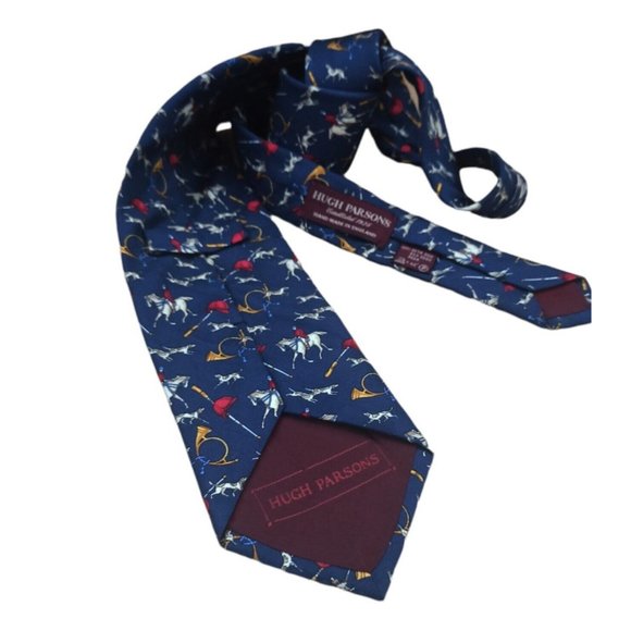 HUGH PARSONS Blue Hunting Silk Tie HANDMADE ENGLAND 59"/ 3.8" EC - Picture 9 of 9